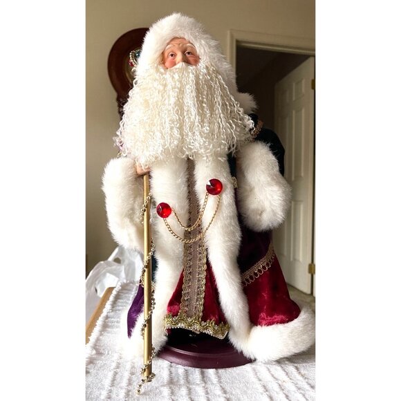 RARE Santa Claus Figurine With Staff In Red & Purple Velvet Robe With Gold Accen - Picture 2 of 6